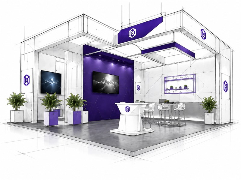 Design rendering of a custom exhibition stand with a violet feature wall and hanging header