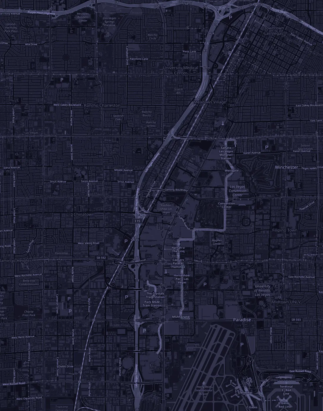 Map of the Las Vegas valley marking the UniXpo workshop west of Interstate 15, together with the Las Vegas Convention Center, Westgate, Venetian Expo, Caesars Forum, Mandalay Bay Convention Center, World Market Center and Harry Reid International Airport