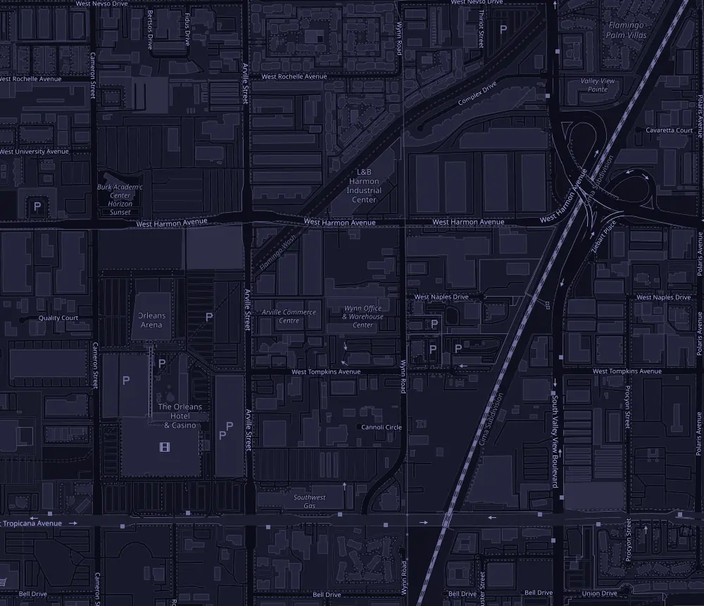 Street map showing the UniXpo workshop on S Wynn Rd, between W Harmon Avenue and W Tompkins Avenue, west of Interstate 15